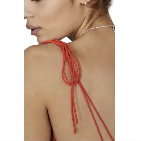 New Free People Athena 0 & 4 Rust Orange Silky Ruched Shoulder Tie Midi Dress - Picture 5 of 6